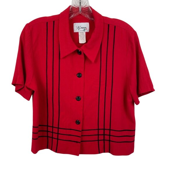 D.J. Summers Womens Red & Black Button-Up Short Sleeve Blouse Size 10P - Picture 1 of 6